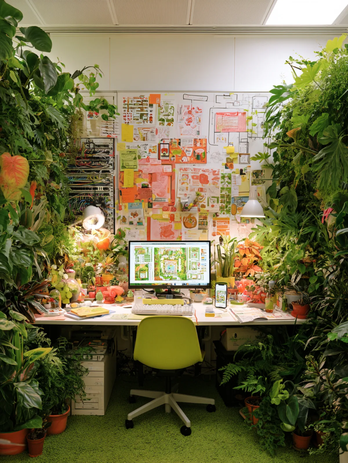 A Jurashift workstation in Wimbledon — matched desktop and phone screens surrounded by plants